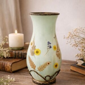Artisan Green Vase with Yellow and Blue Floral Design
